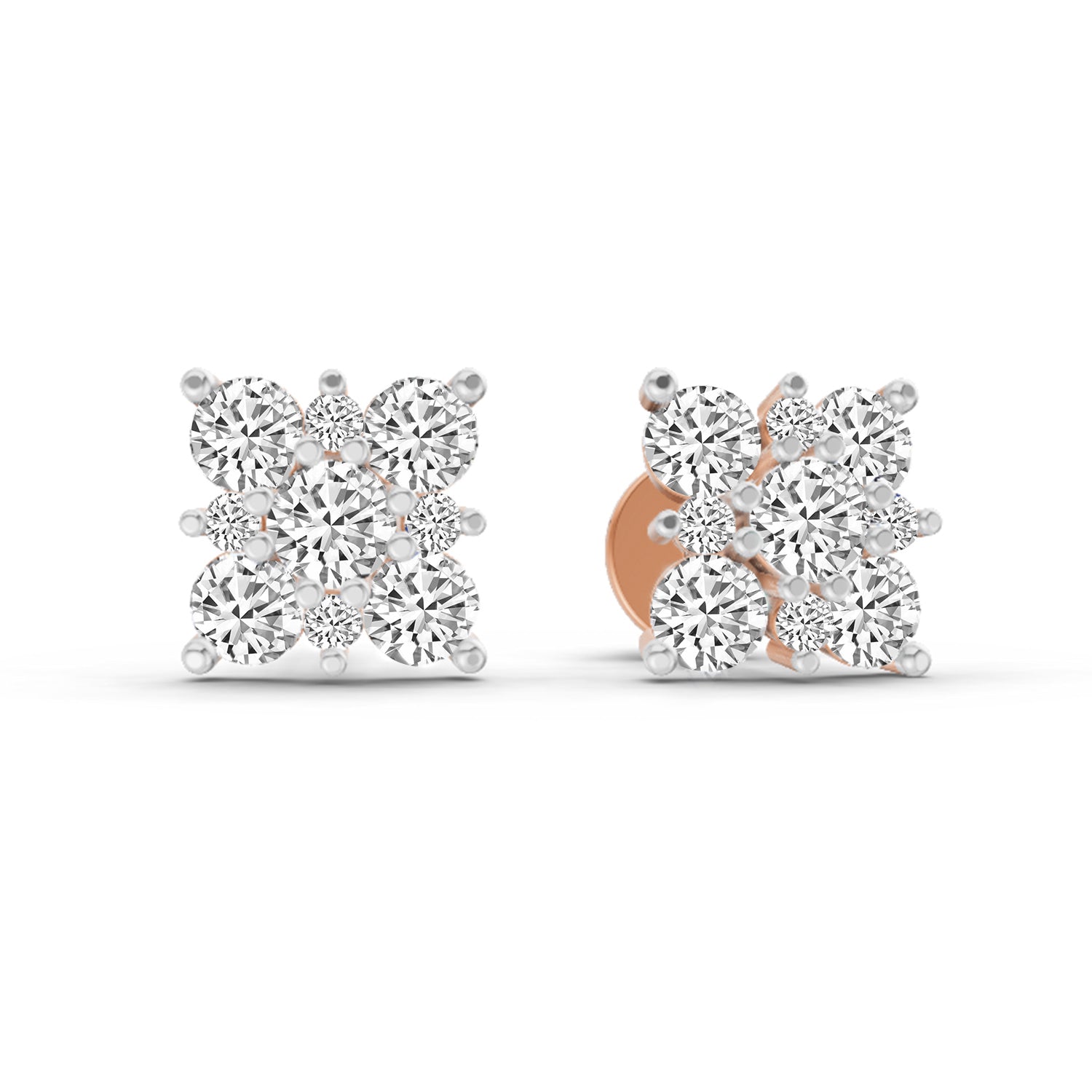 1.07 Carat Round Cluster Square Shape Earrings 14K - Rose Gold