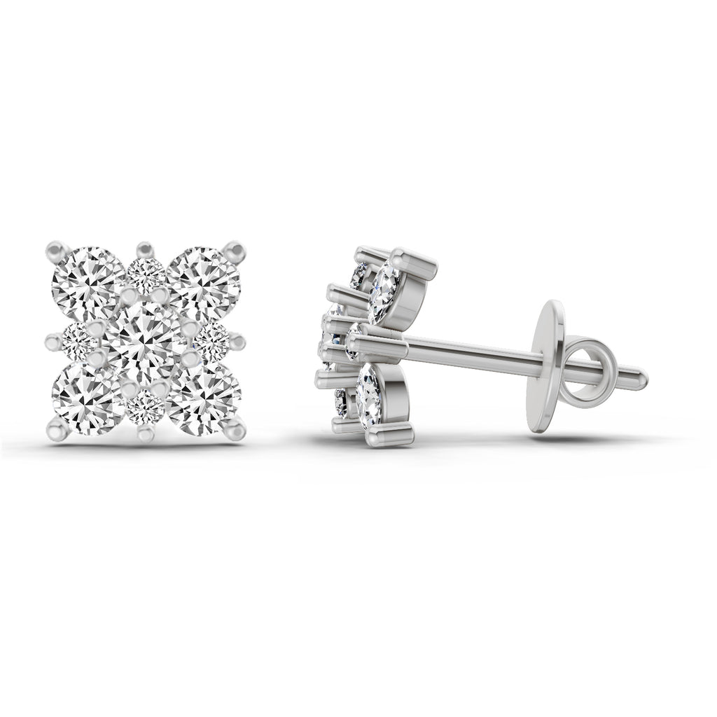 1.07 Carat Round Cluster Square Shape Earrings 14K - White Gold