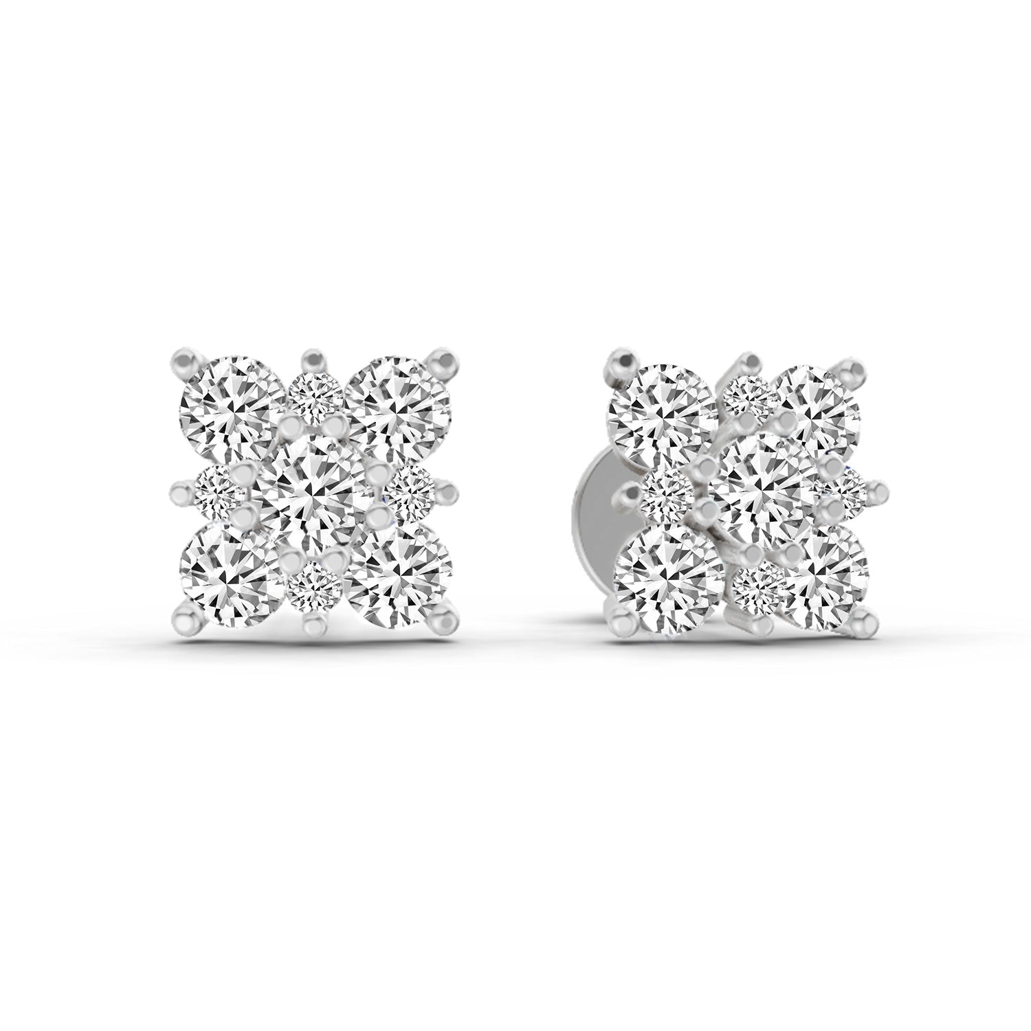 1.07 Carat Round Cluster Square Shape Earrings 14K - White Gold