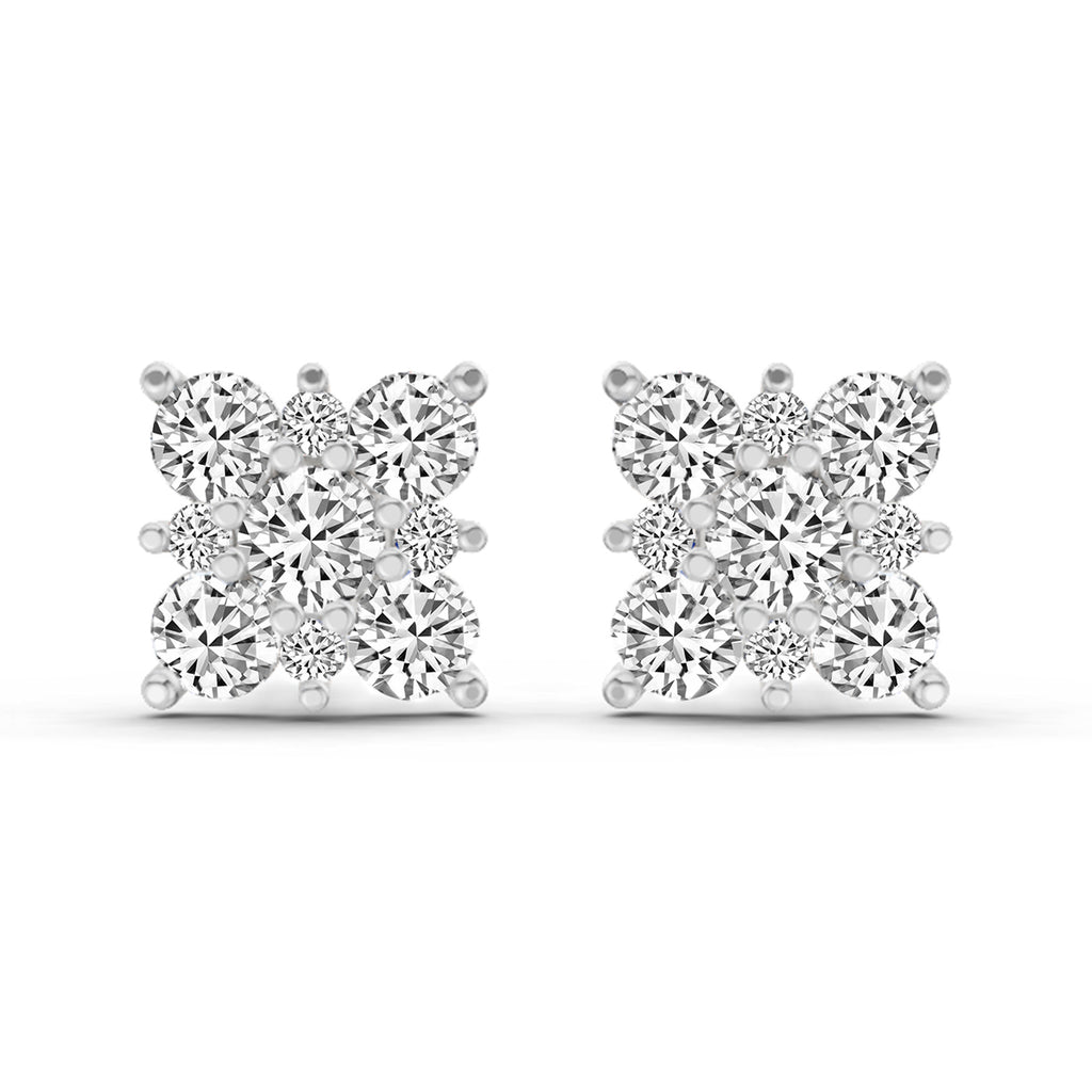 1.07 Carat Round Cluster Square Shape Earrings 14K - White Gold
