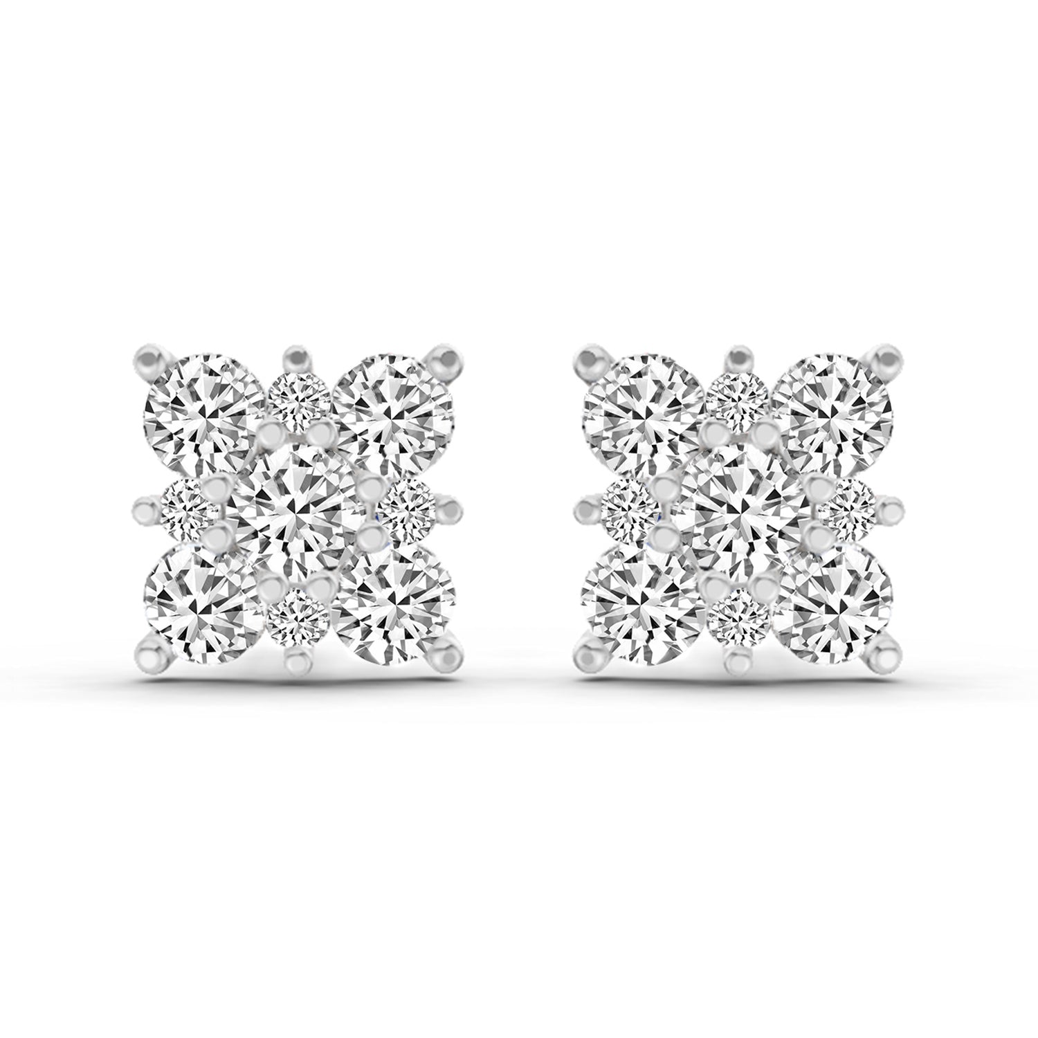 1.07 Carat Round Cluster Square Shape Earrings 14K - White Gold
