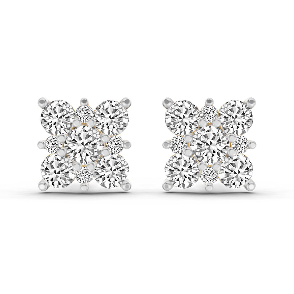 1.07 Carat Round Cluster Square Shape Earrings 14K
