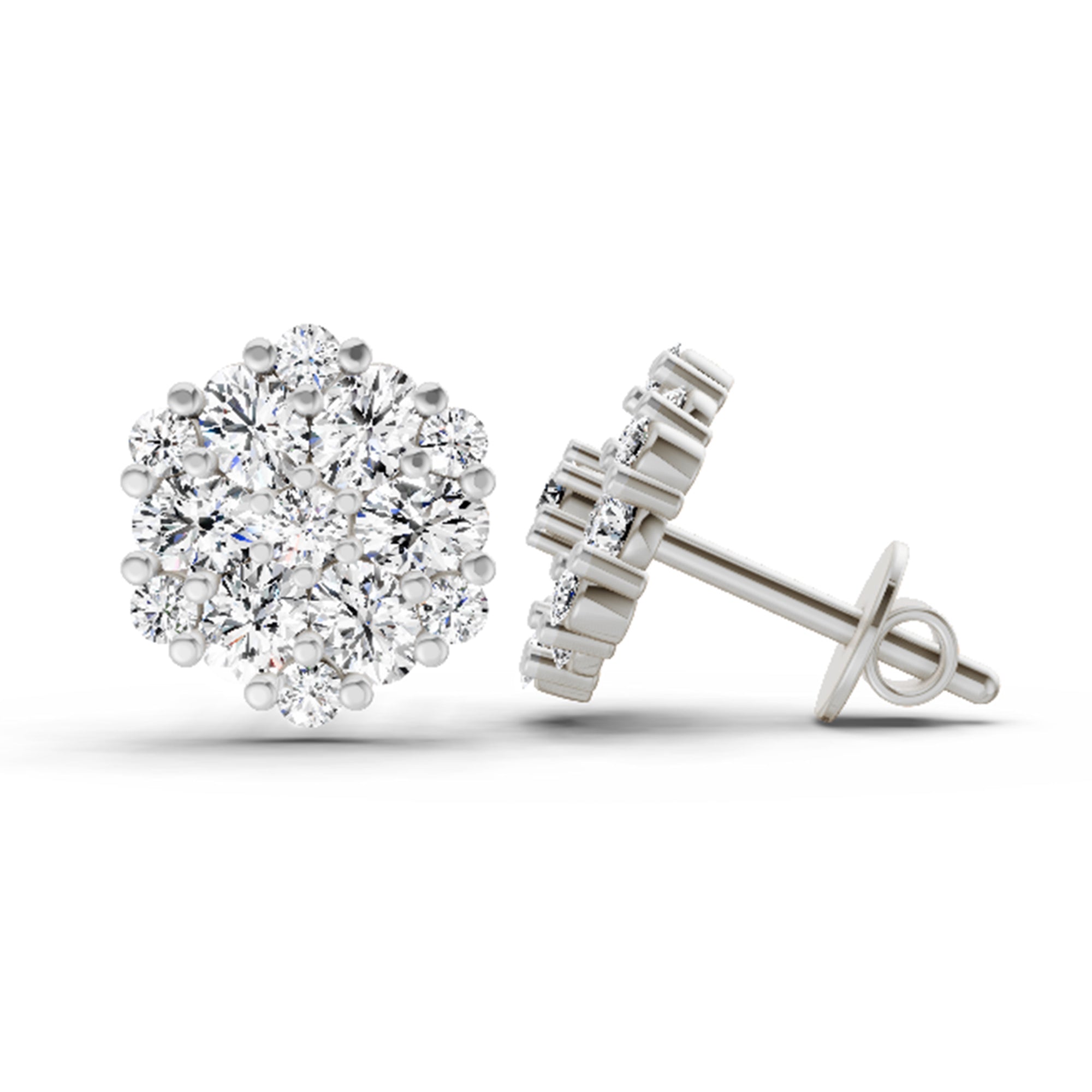 2.14 Carat Round Cluster Stud Earrings 14K - White Gold