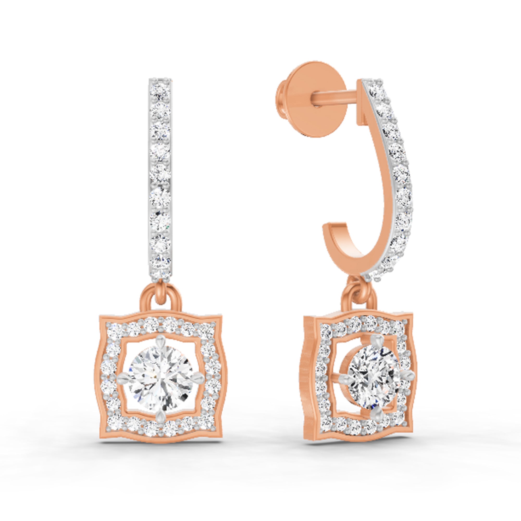 0.99 Carat Round Halo Drop Earrings 14K - Rose Gold