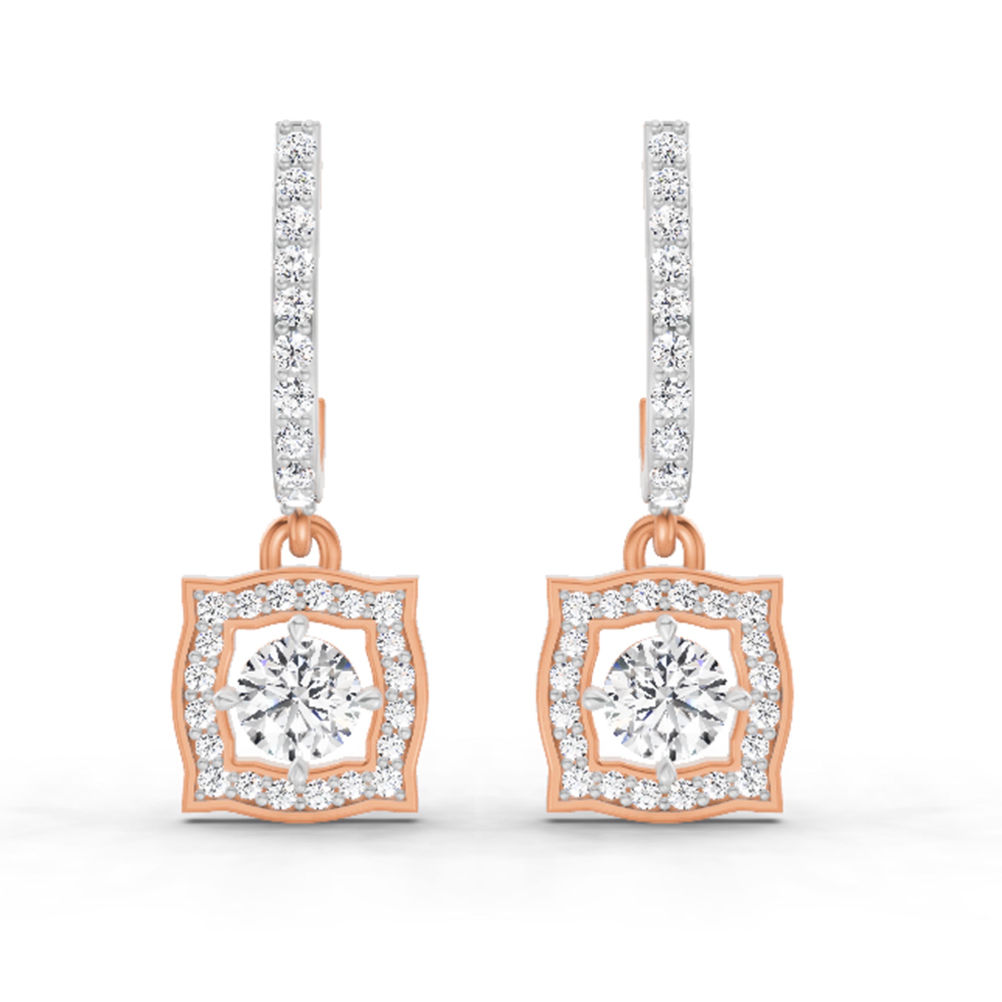 0.99 Carat Round Halo Drop Earrings 14K - Rose Gold