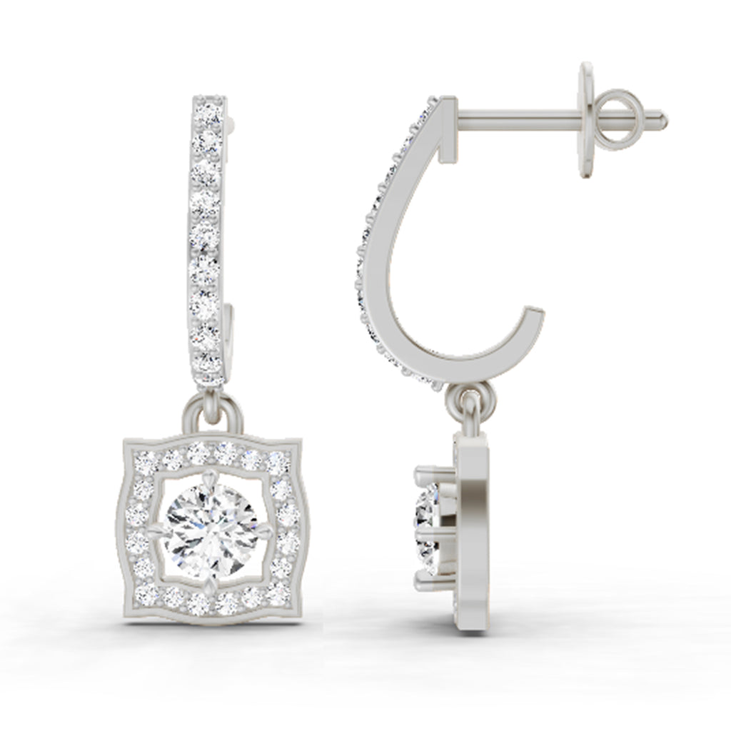 0.99 Carat Round Halo Drop Earrings 14K - White Gold