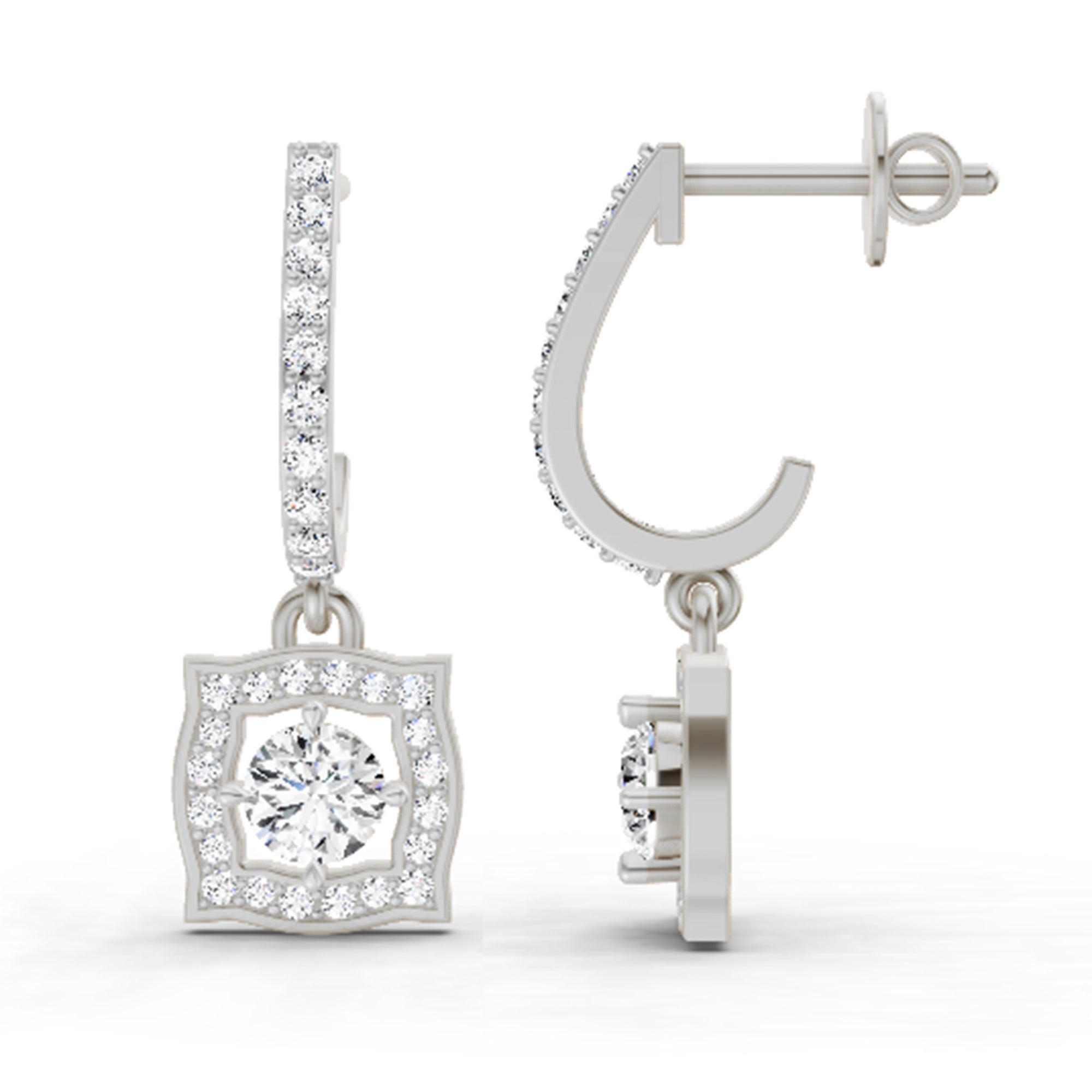 0.99 Carat Round Halo Drop Earrings 14K - White Gold