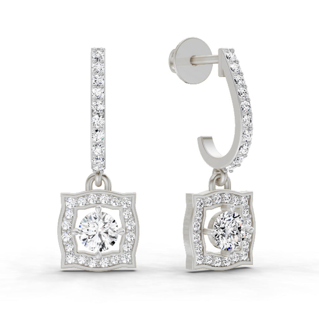 0.99 Carat Round Halo Drop Earrings 14K - White Gold