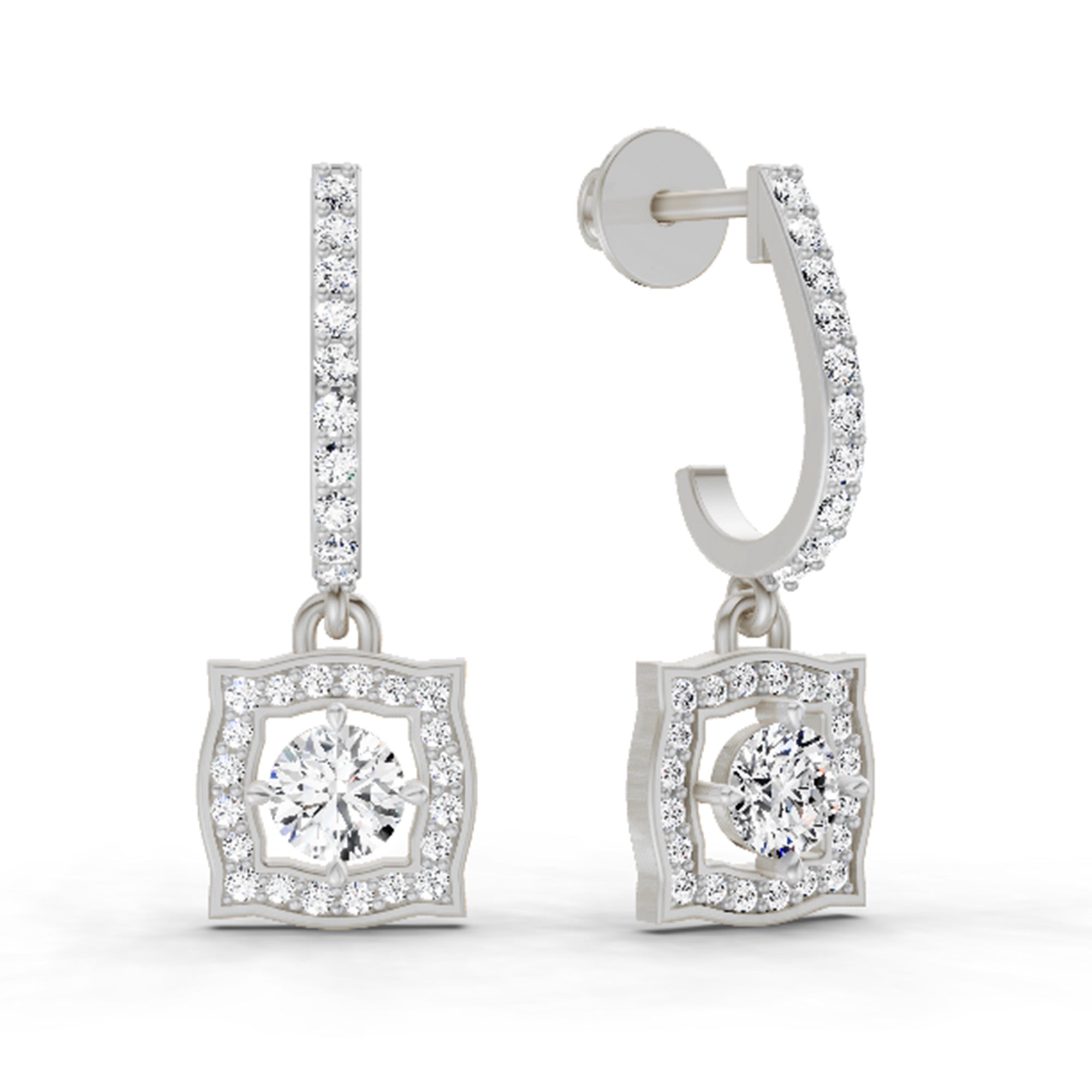 0.99 Carat Round Halo Drop Earrings 14K - White Gold
