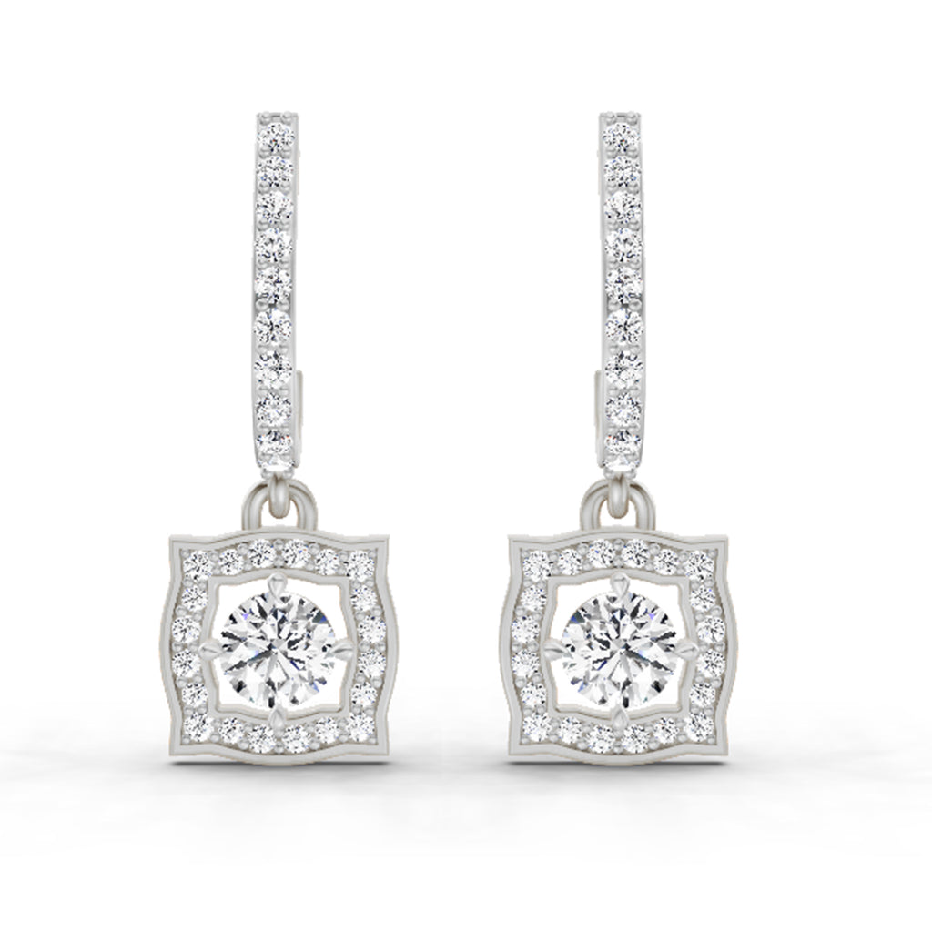0.99 Carat Round Halo Drop Earrings 14K - White Gold