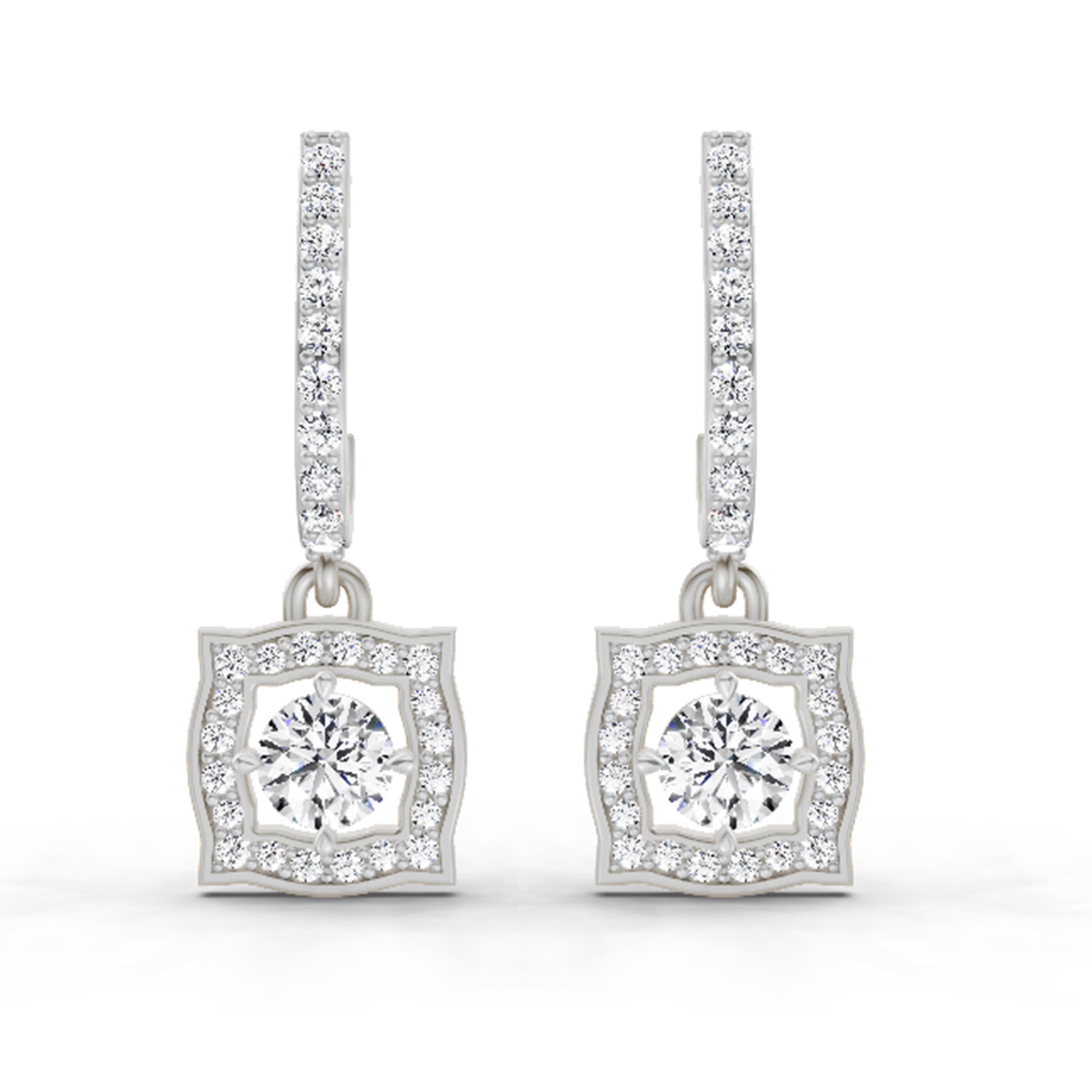 0.99 Carat Round Halo Drop Earrings 14K - White Gold