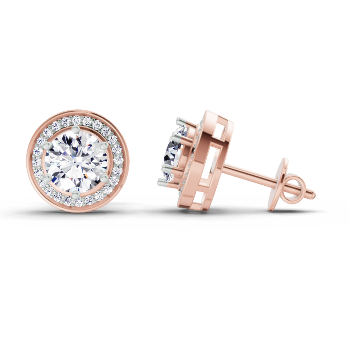1.39 Carat Round Halo Stud Earrings 14K - Rose Gold