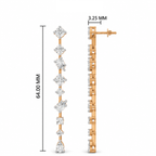 Gold dangle earrings with clear gemstones, shown in front and side views with measurement annotations of 64.00 mm length and 3.