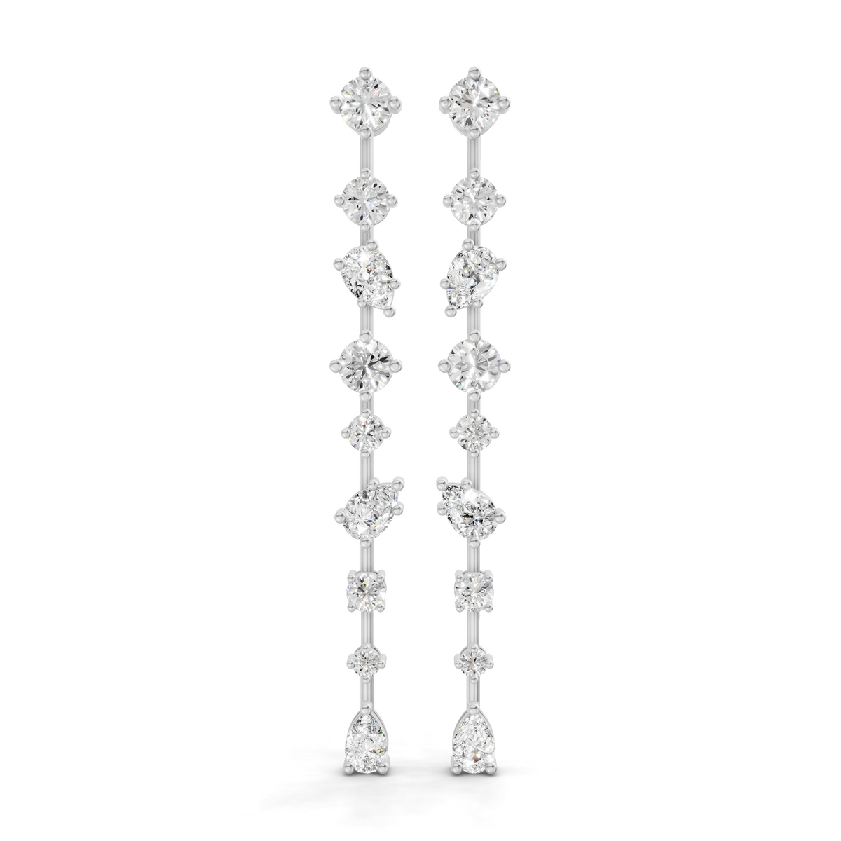 A pair of silver-toned drop earrings with multiple round and marquise-cut clear stones, shown on a clean white background.