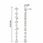 Silver-toned drop earrings with clear gemstones, shown front and side with dimension labels: 64.00 mm total length and 3.