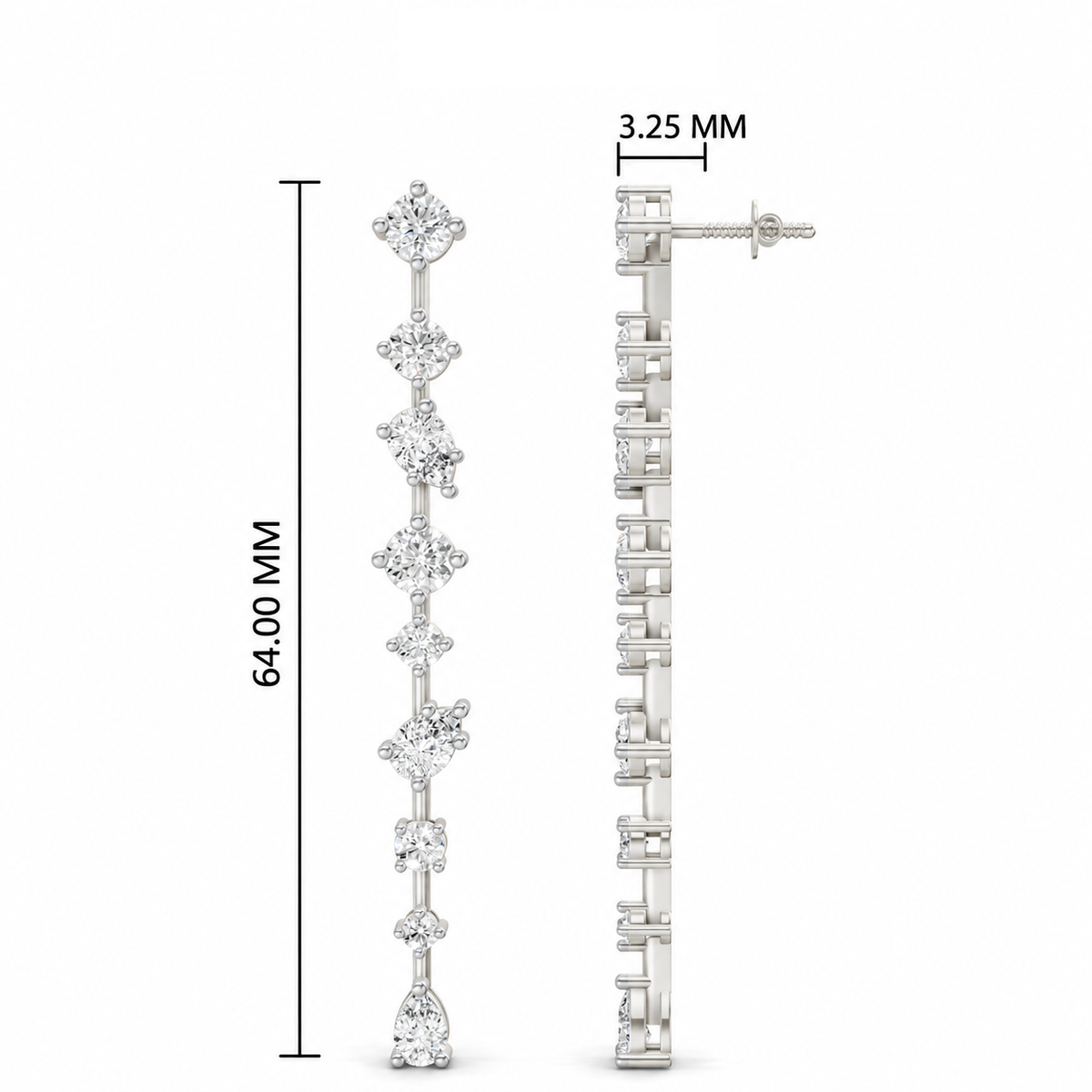 Silver-toned drop earrings with clear gemstones, shown front and side with dimension labels: 64.00 mm total length and 3.