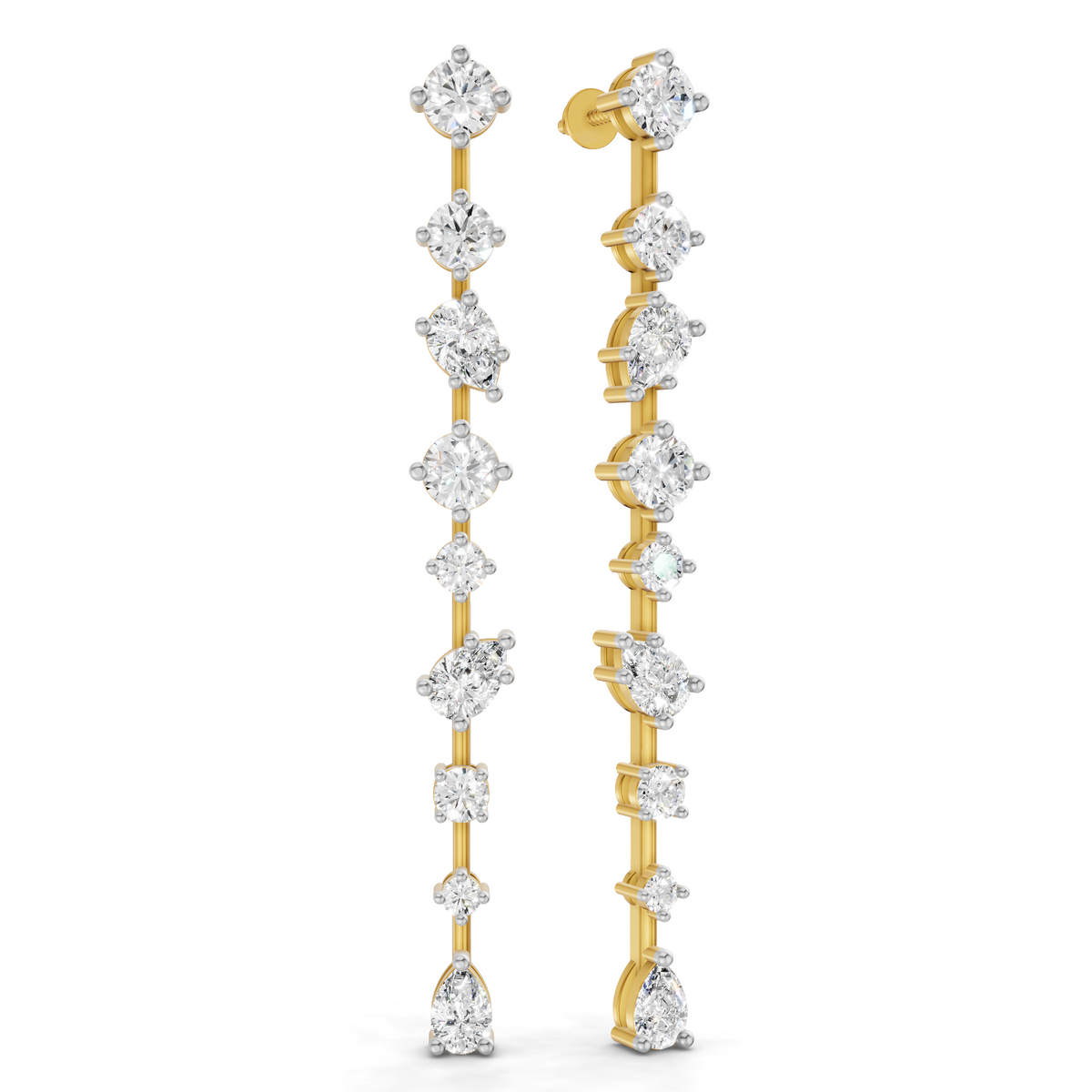 A pair of gold drop earrings set with multiple clear round and marquise-cut gemstones, shown against a plain white background.