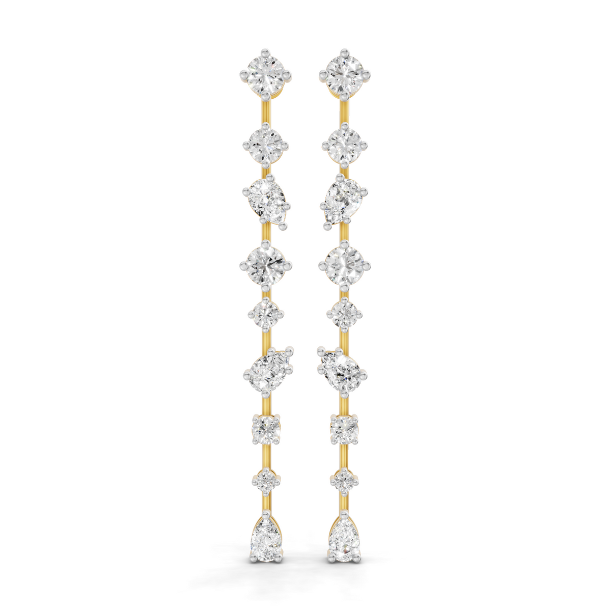 A pair of gold and white metal drop earrings with multiple clear round and marquise-cut stones, shown on a plain white background.