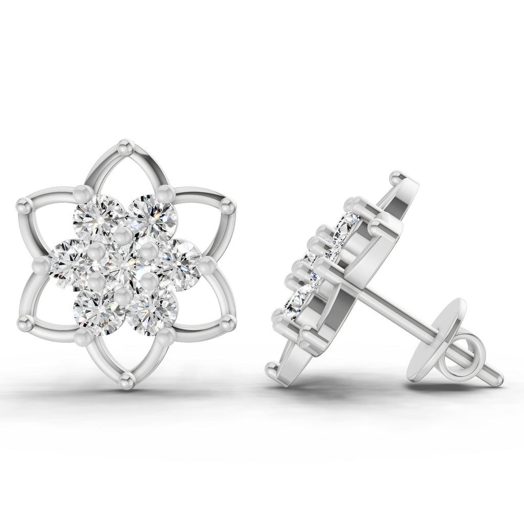 1.09 Carat Round Lotus Flower Style Earrings 14K - White Gold