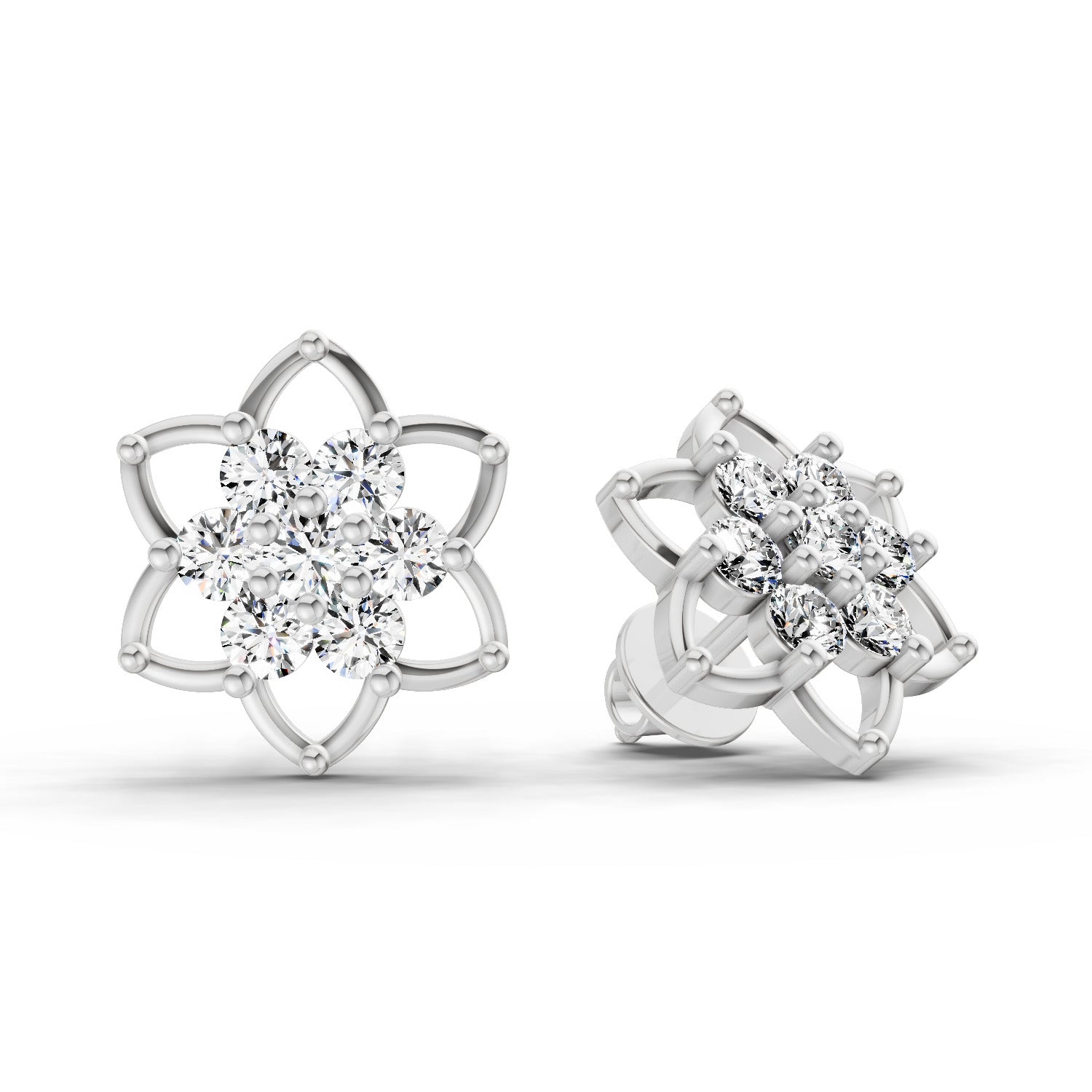 1.09 Carat Round Lotus Flower Style Earrings 14K - White Gold