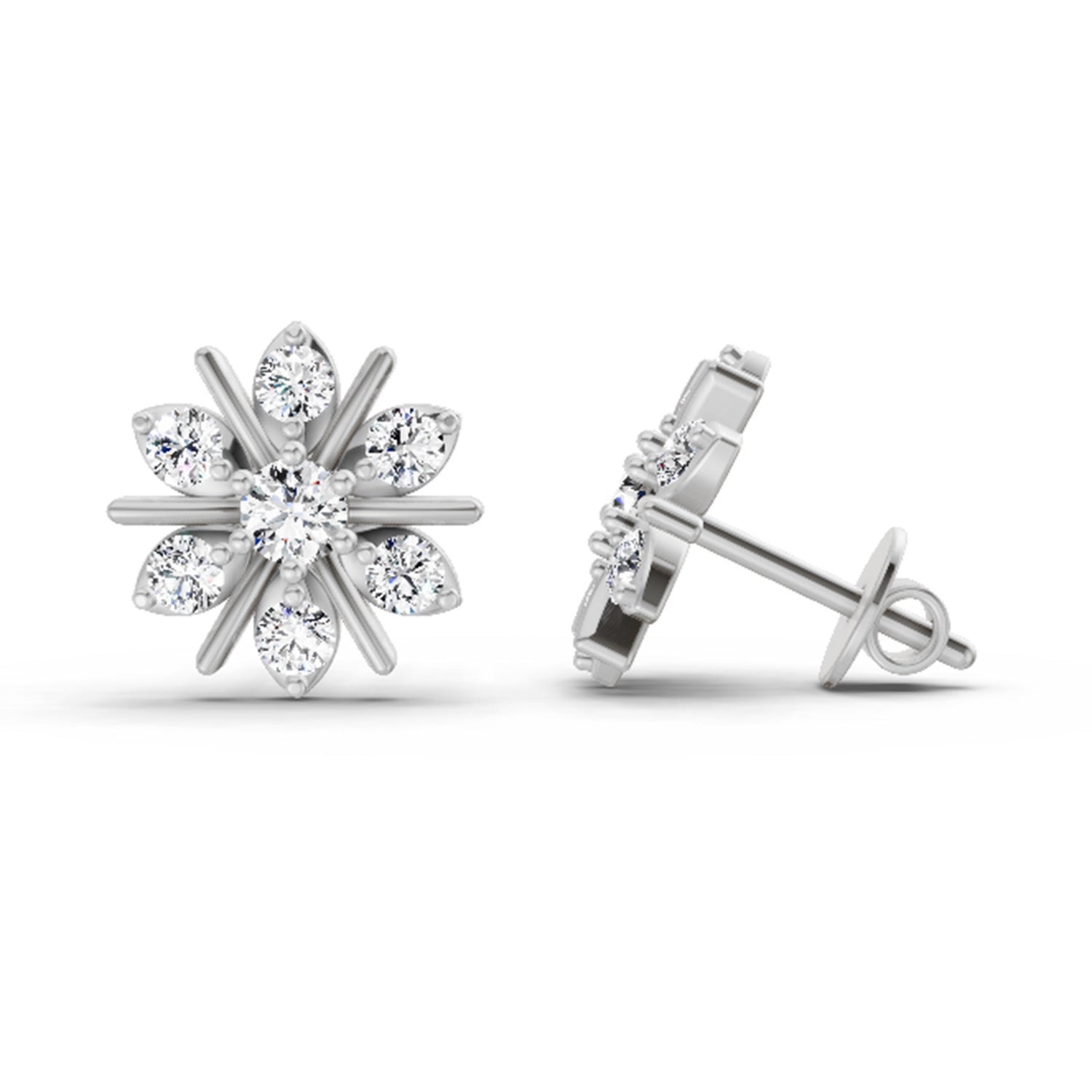 0.94 Carat Round Flower Stud Earrings 14K - White Gold