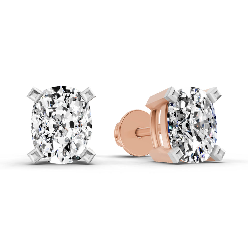 2.64 Carat Cushion Shape 4 Prong Solitaire Diamond Stud Earrings 14K - Rose Gold