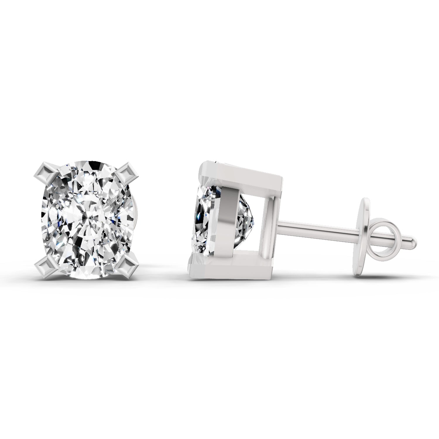 2.64 Carat Cushion Shape 4 Prong Solitaire Diamond Stud Earrings 14K - White Gold