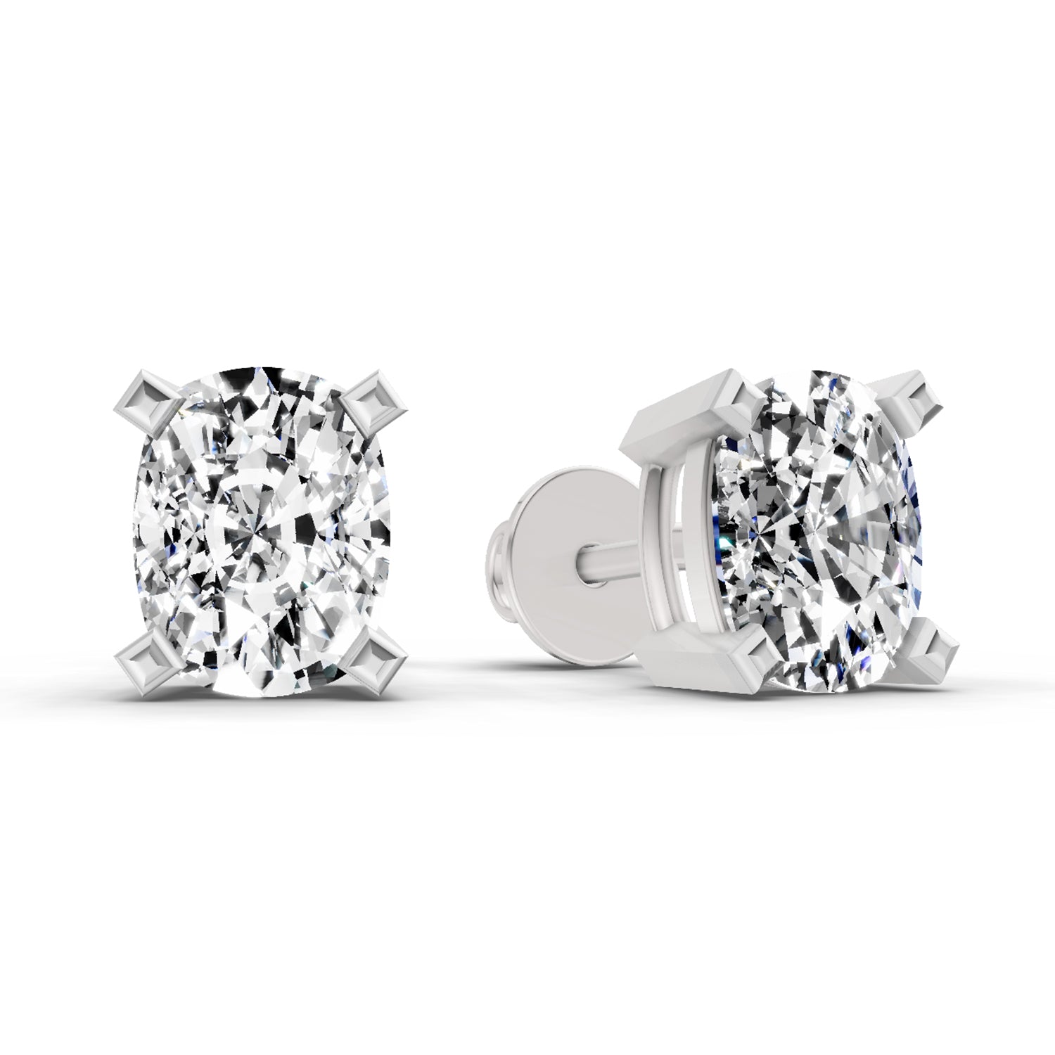 2.64 Carat Cushion Shape 4 Prong Solitaire Diamond Stud Earrings 14K - White Gold