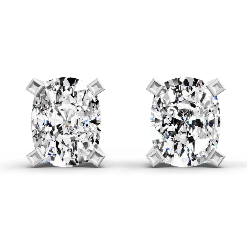 2.64 Carat Cushion Shape 4 Prong Solitaire Diamond Stud Earrings 14K - White Gold
