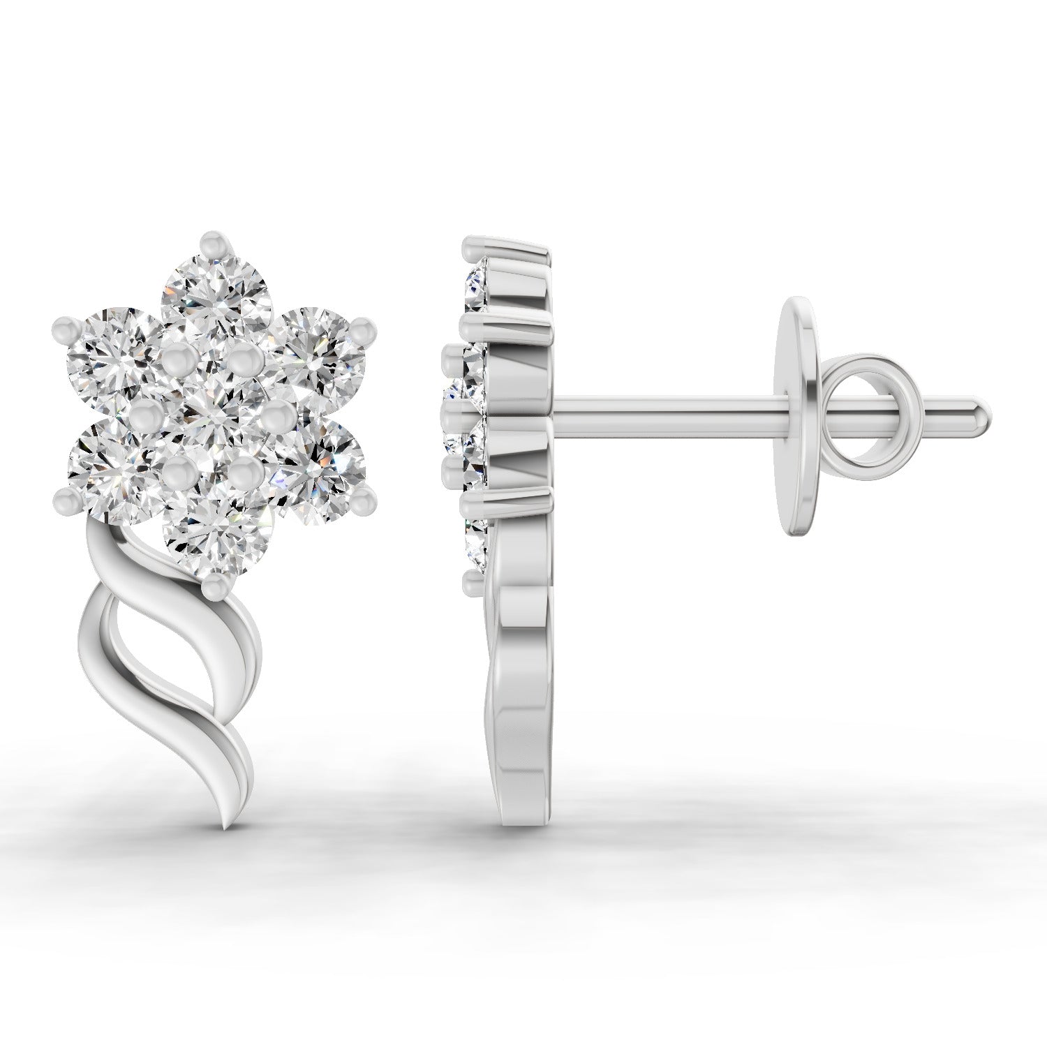0.73 Carat Round Flower Stud Earrings 14K - White Gold