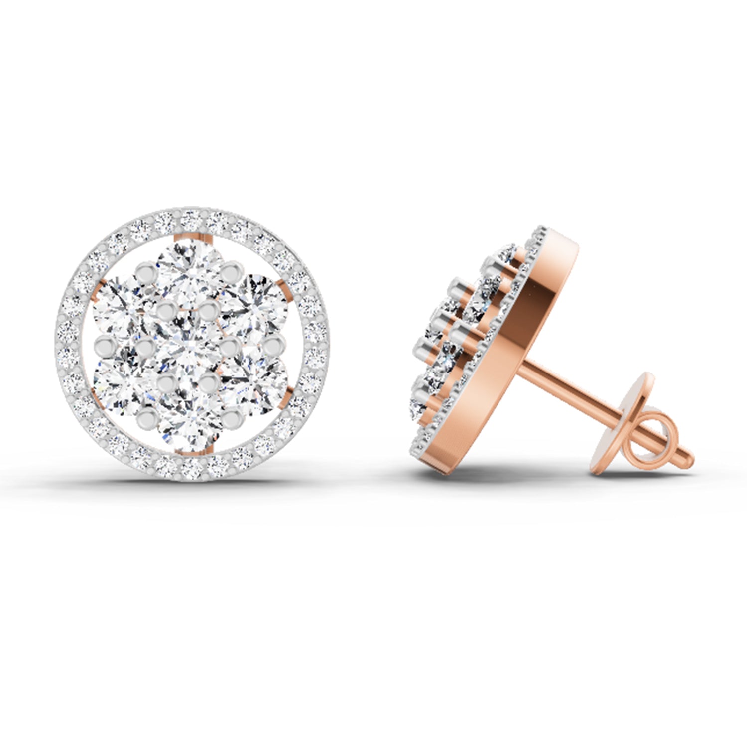 1.78 Carat Round Halo Cluster Stud Earrings 14K - Rose Gold