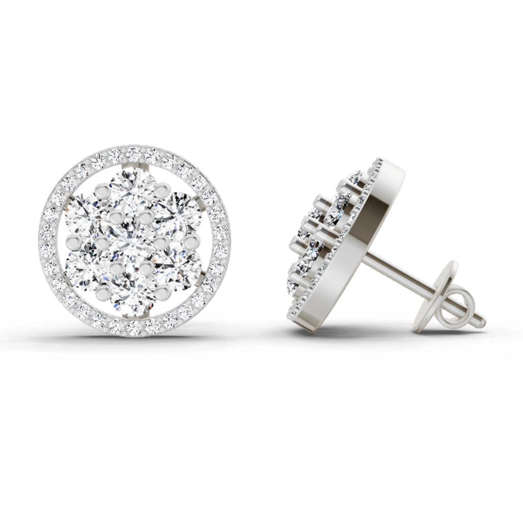 1.78 Carat Round Halo Cluster Stud Earrings 14K - White Gold
