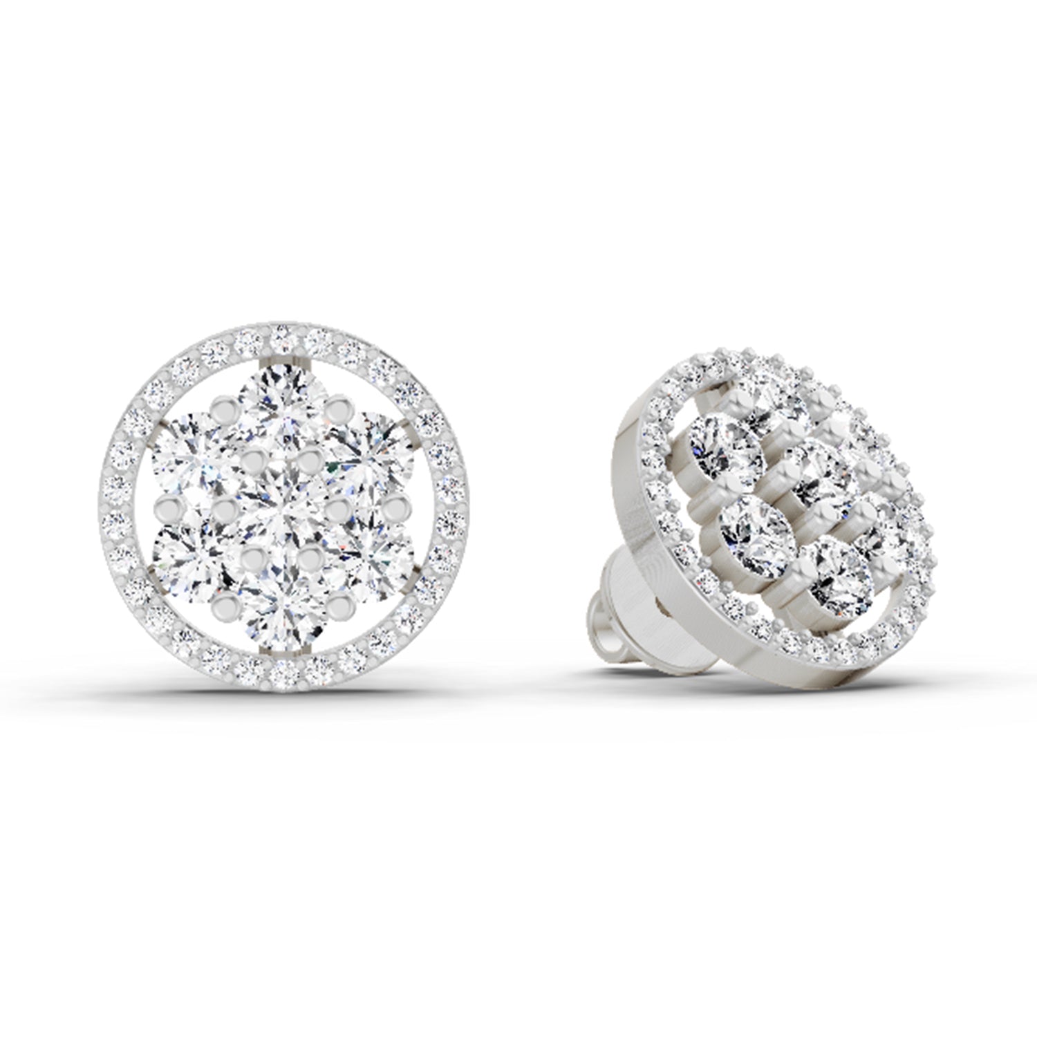 1.78 Carat Round Halo Cluster Stud Earrings 14K - White Gold