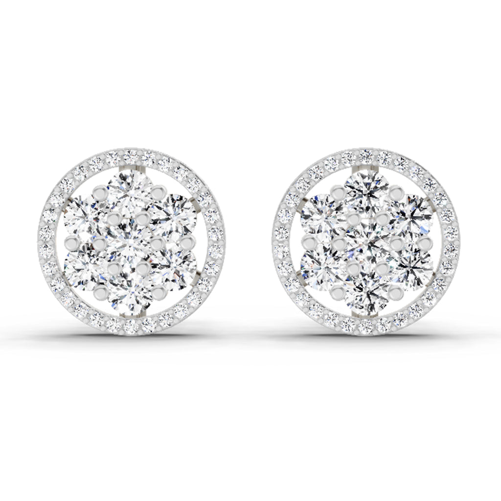 1.78 Carat Round Halo Cluster Stud Earrings 14K - White Gold