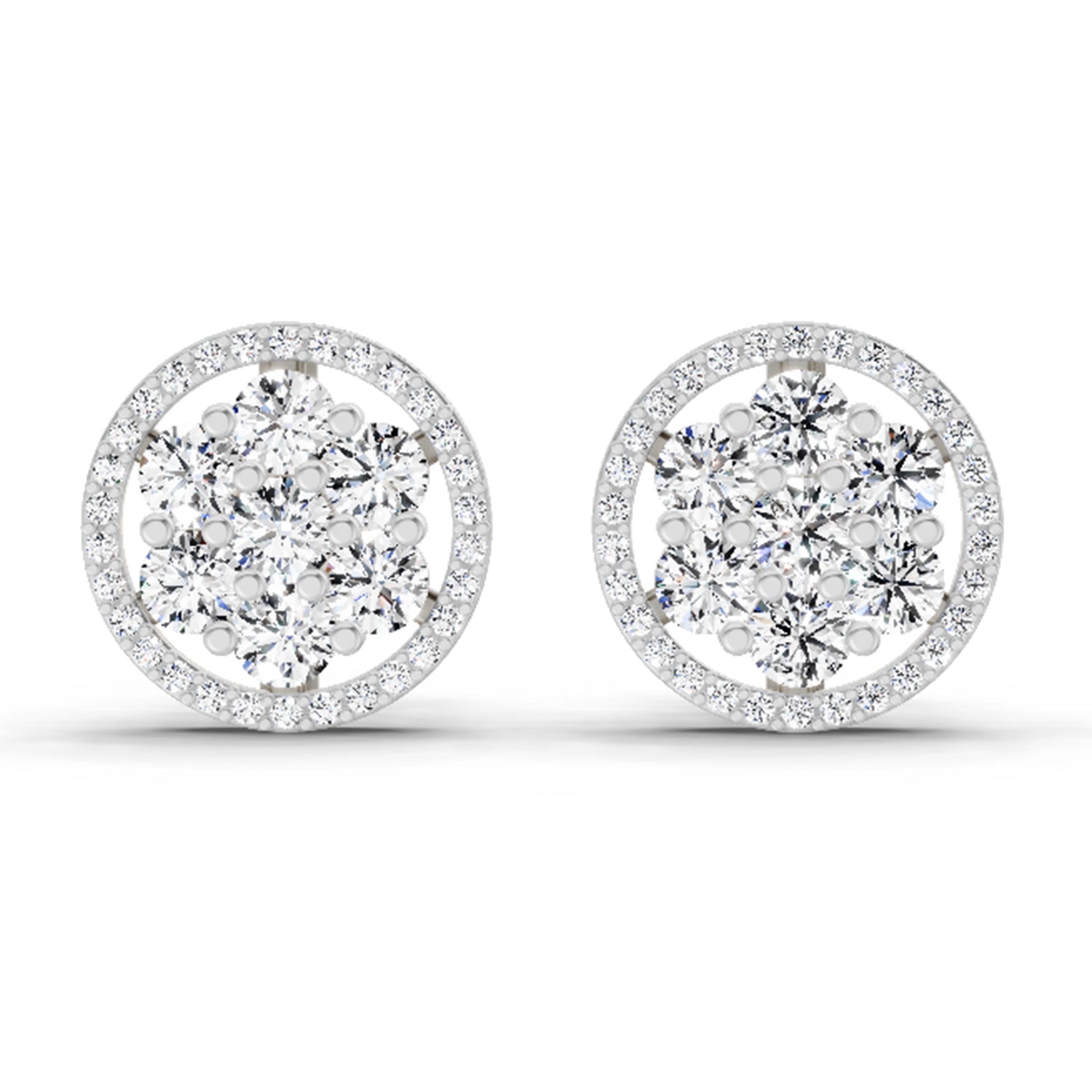 1.78 Carat Round Halo Cluster Stud Earrings 14K - White Gold