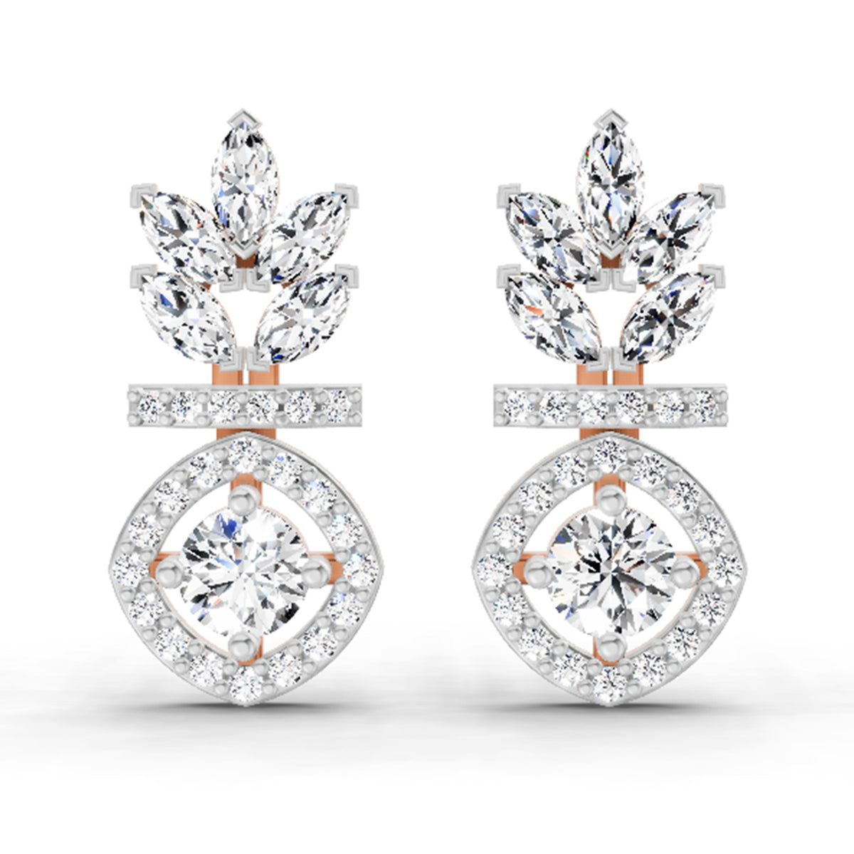 Pair of diamond earrings on a white background
