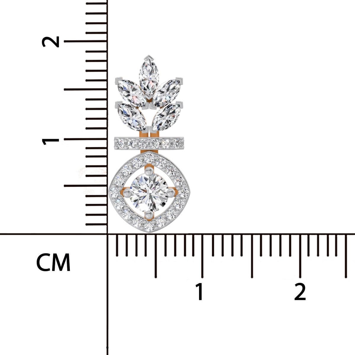 Diamond earring with measurement scale in centimeters