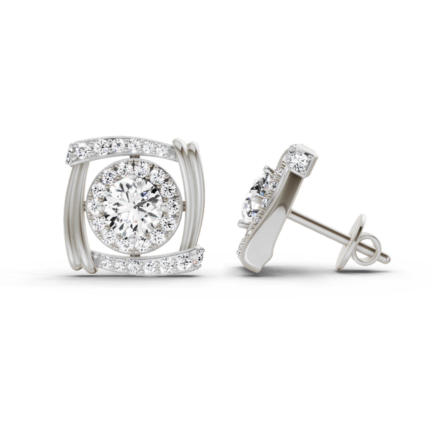 1.48 Carat Round Halo Stud Earrings 14K - White Gold