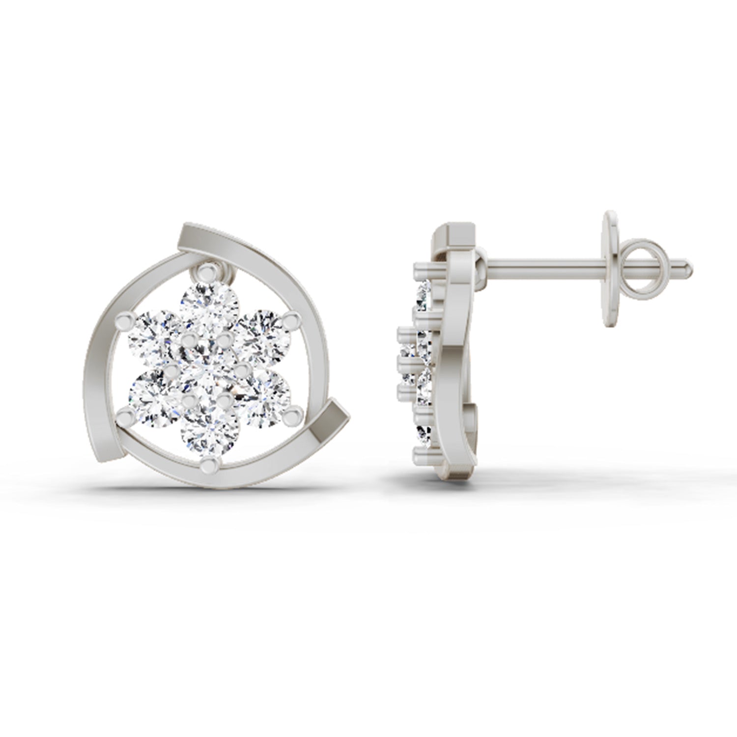 1.11 Carat Round Flower Stud Earrings 14K - White Gold