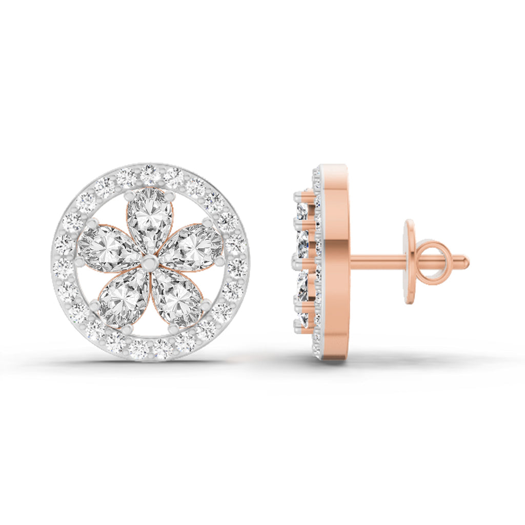 1.46 Carat Pear Flower Halo Stud Earrings 14K - Rose Gold