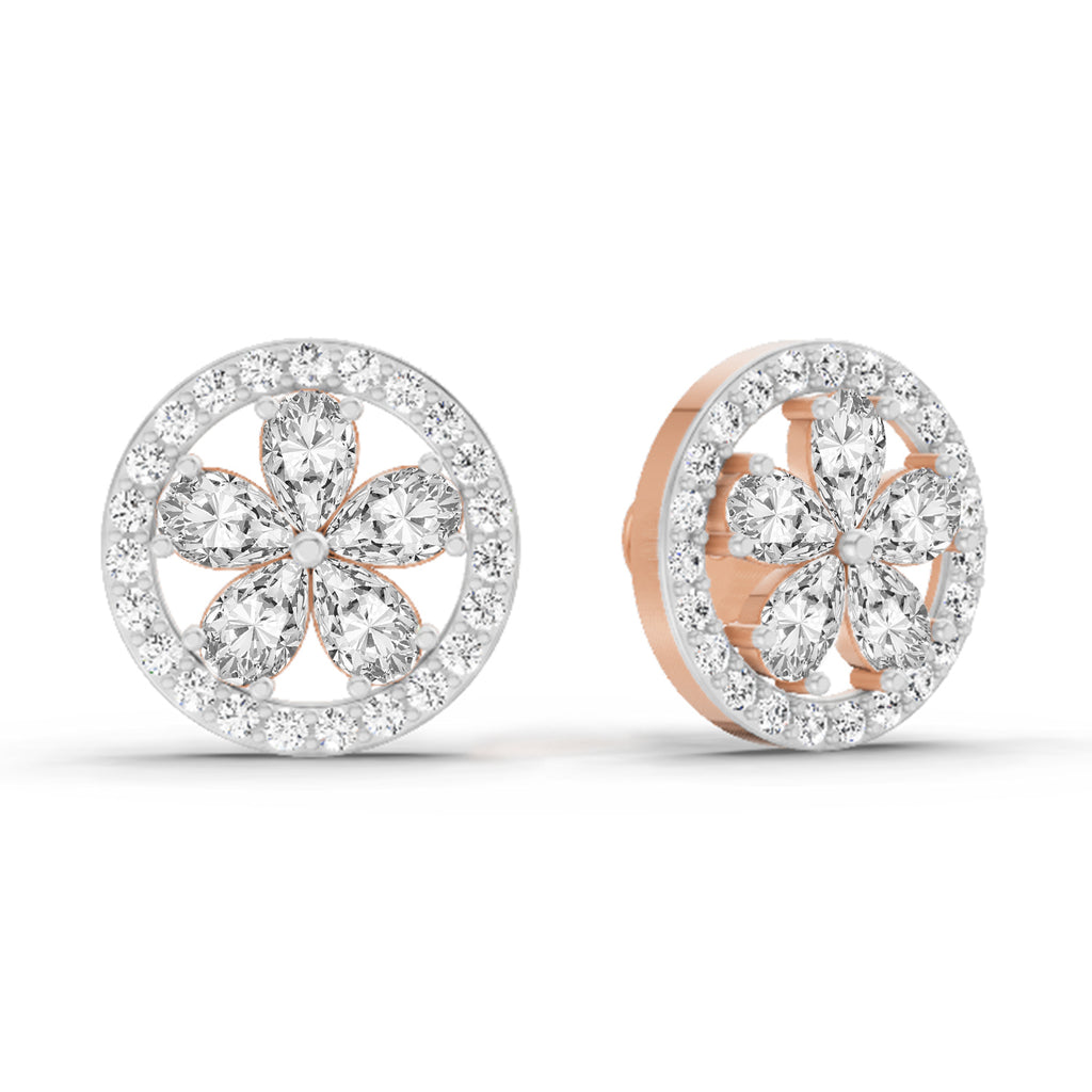1.46 Carat Pear Flower Halo Stud Earrings 14K - Rose Gold