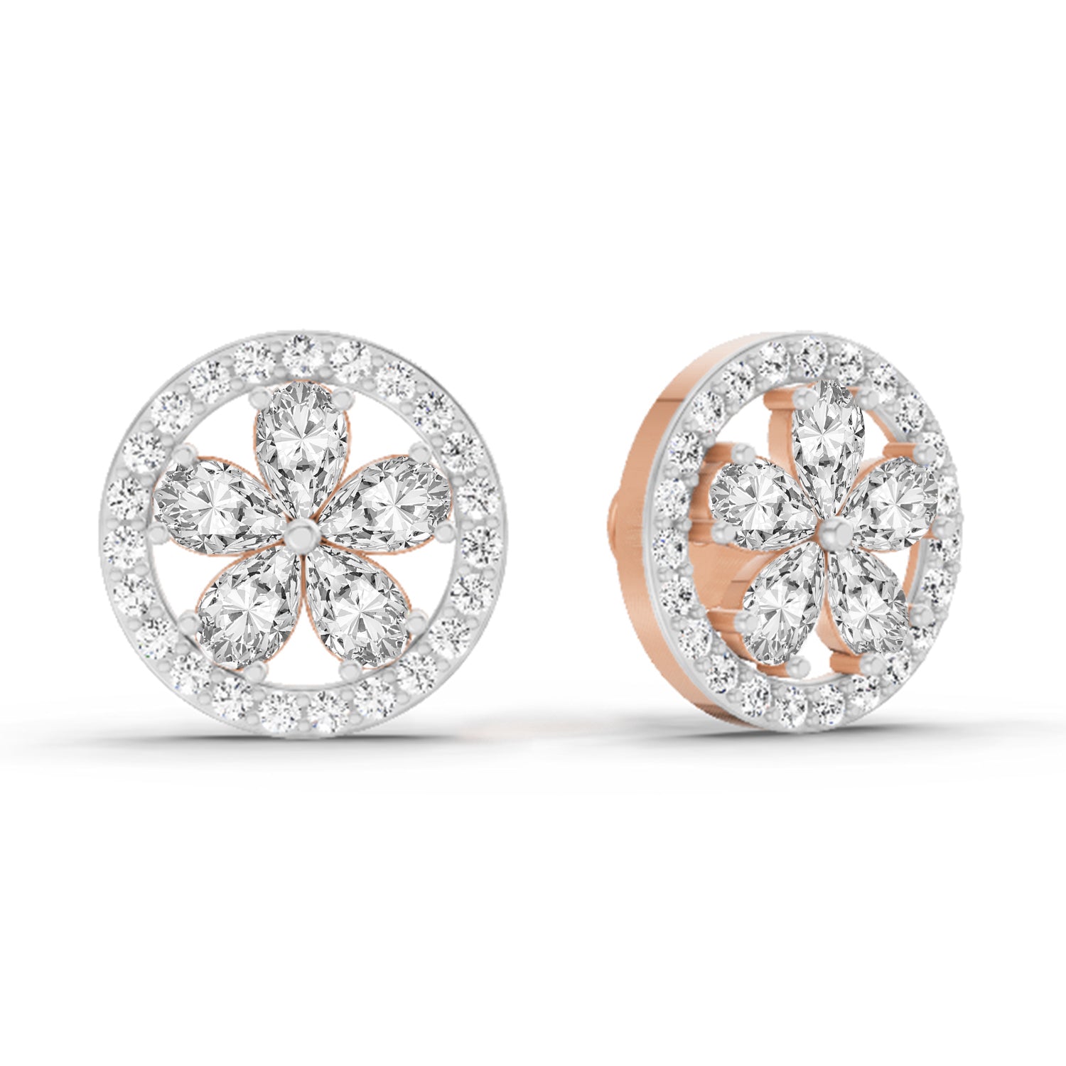 1.46 Carat Pear Flower Halo Stud Earrings 14K - Rose Gold