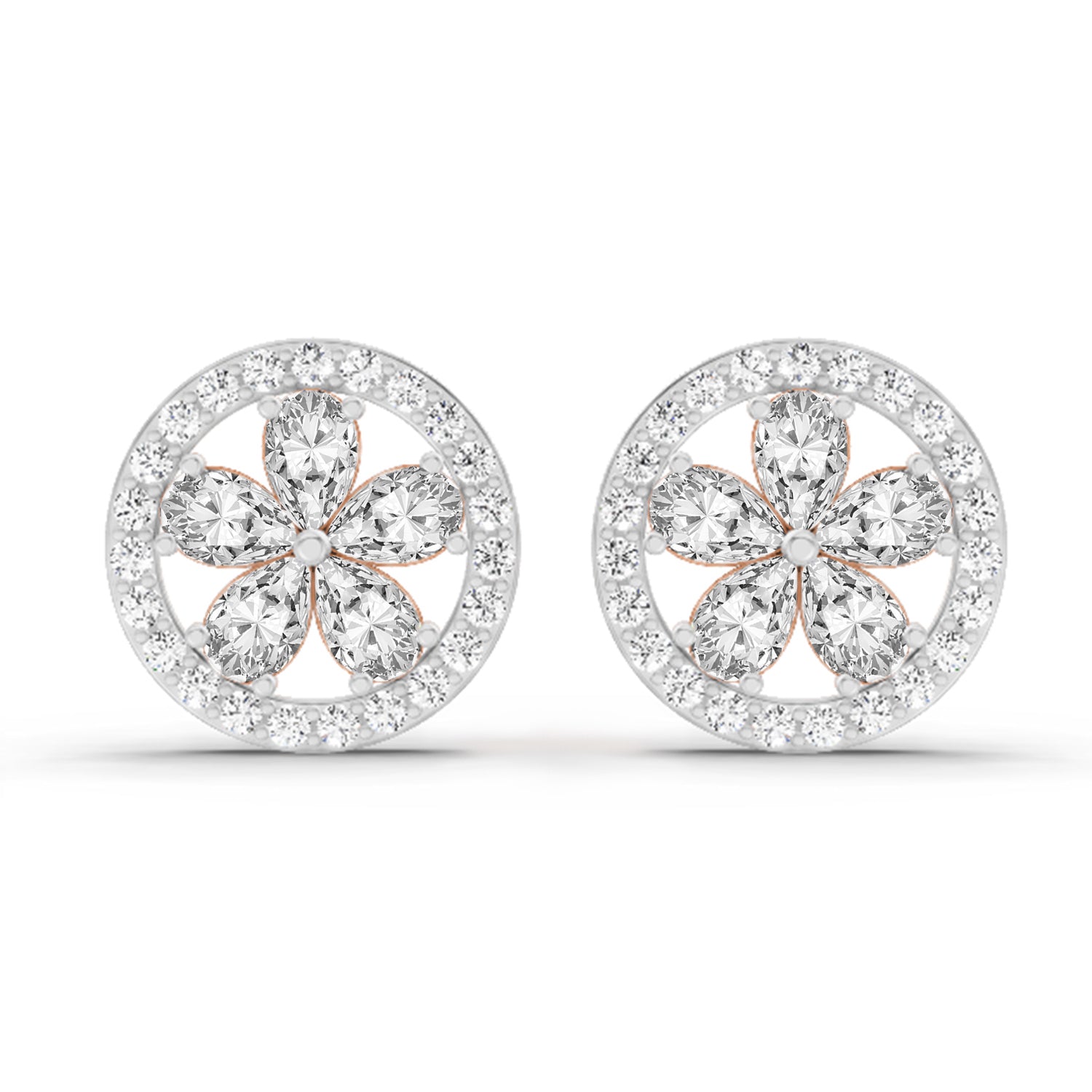 1.46 Carat Pear Flower Halo Stud Earrings 14K - Rose Gold