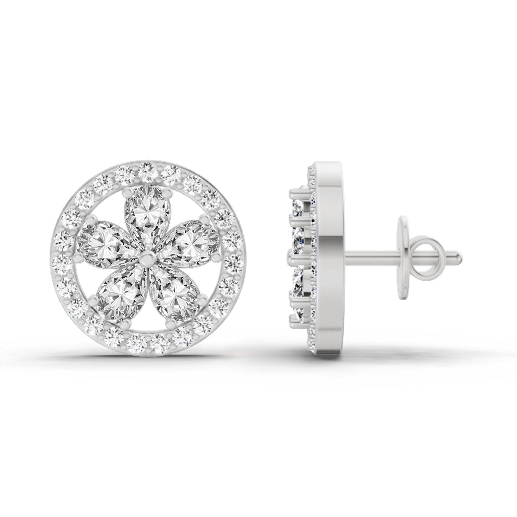 1.46 Carat Pear Flower Halo Stud Earrings 14K - White Gold