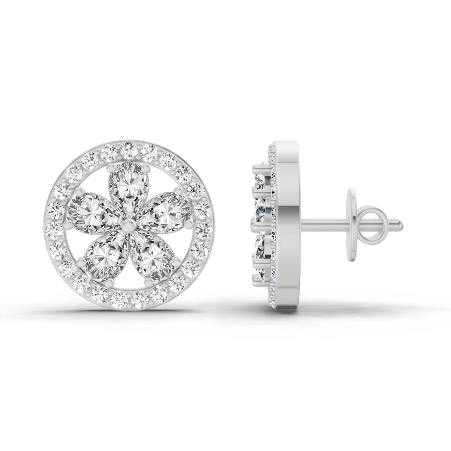 1.46 Carat Pear Flower Halo Stud Earrings 14K - White Gold
