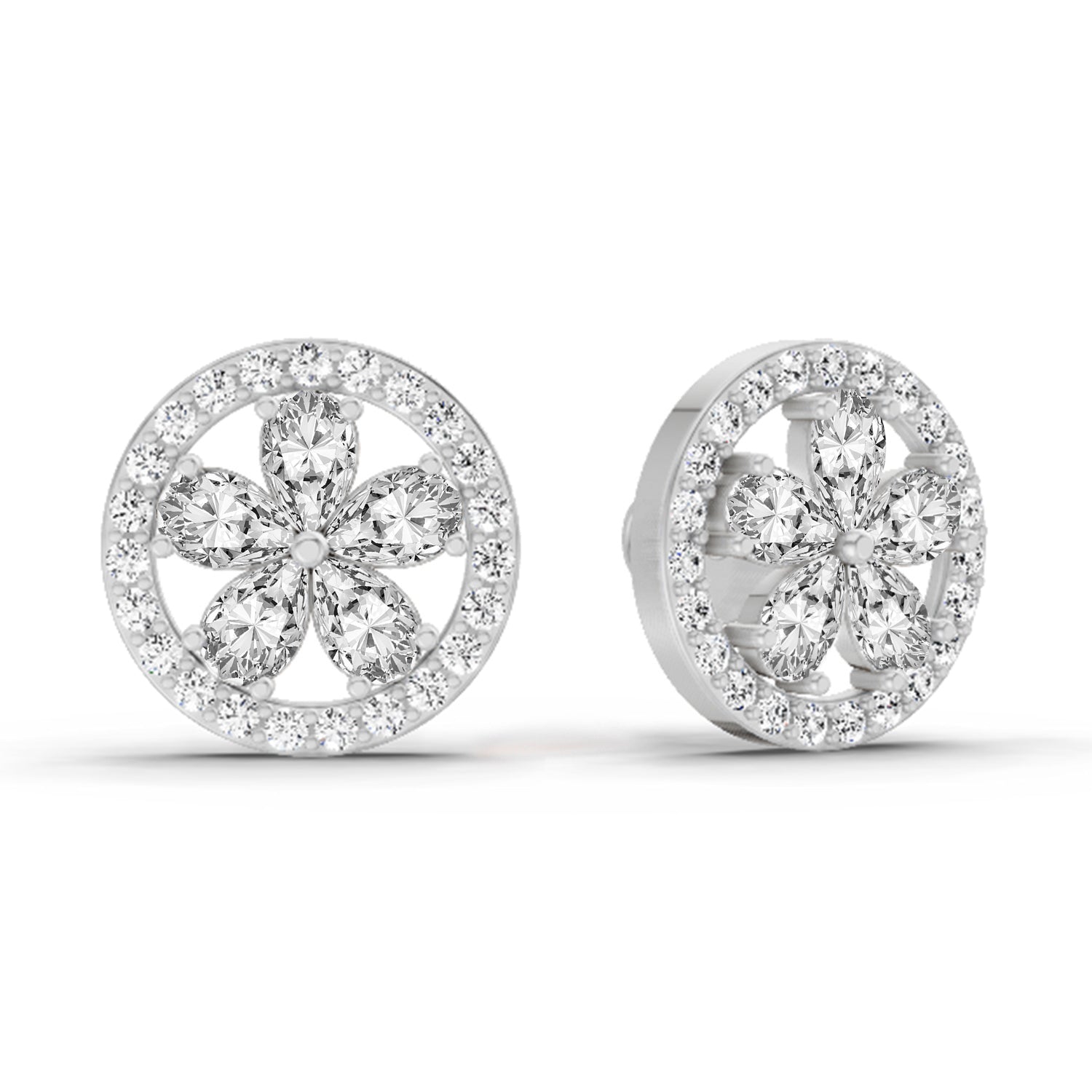 1.46 Carat Pear Flower Halo Stud Earrings 14K - White Gold