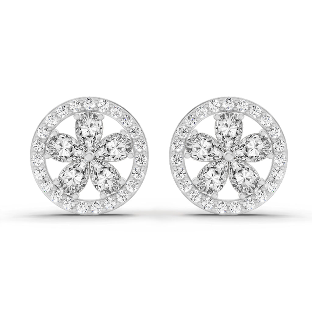 1.46 Carat Pear Flower Halo Stud Earrings 14K - White Gold