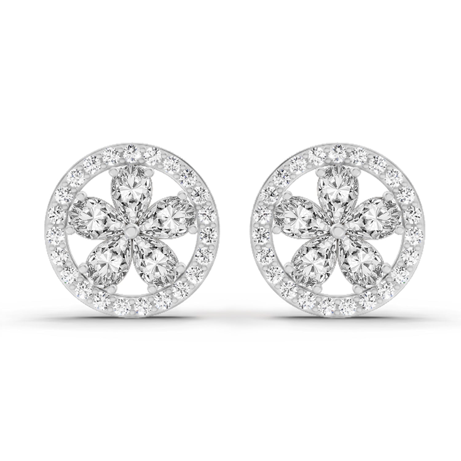 1.46 Carat Pear Flower Halo Stud Earrings 14K - White Gold