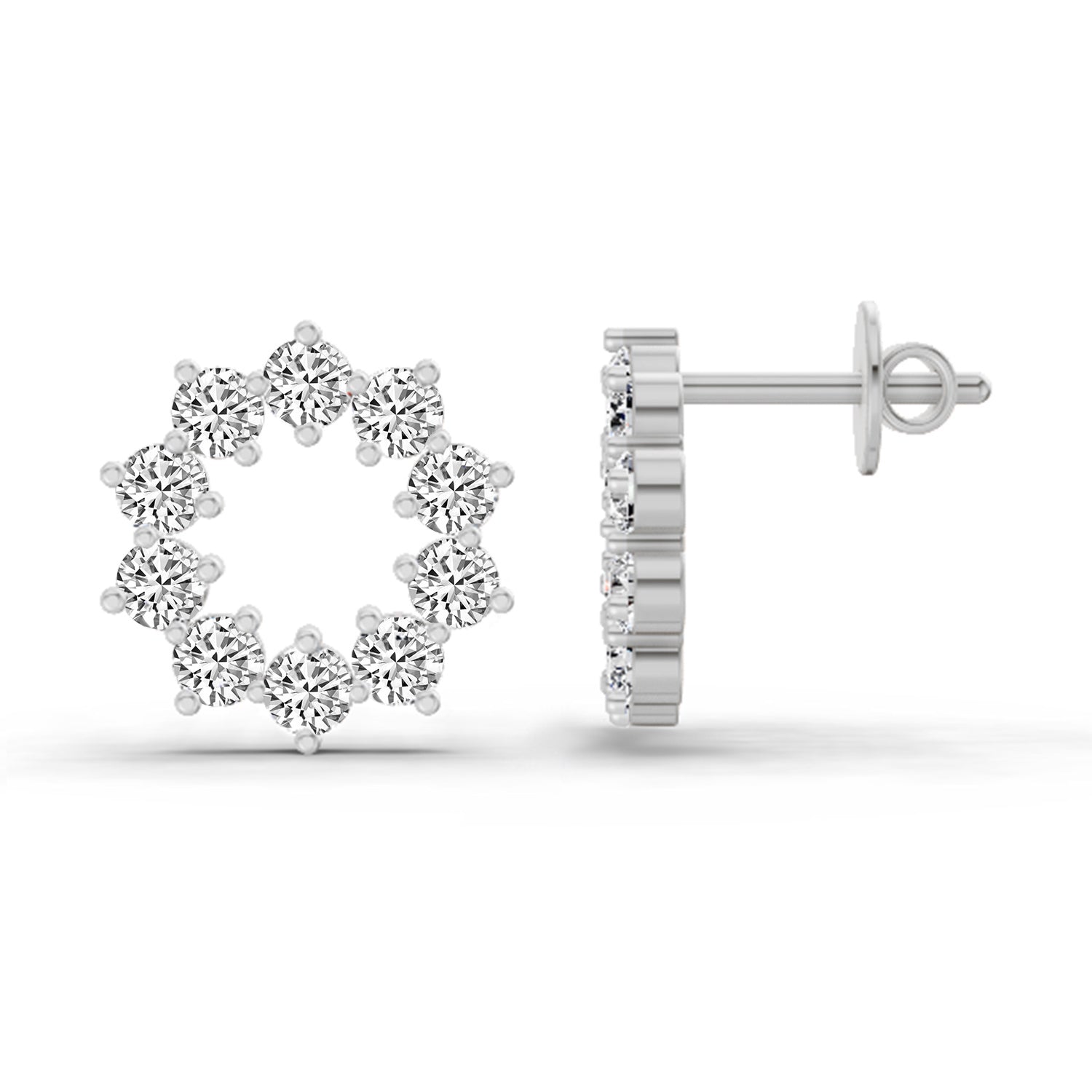 1 Carat Round Flower Stud Earrings 14K - White Gold