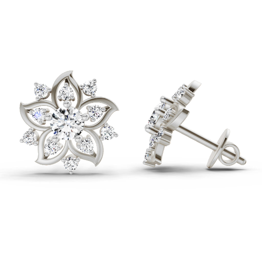 0.91 Carat Round Flower Stud Earrings 14K - White Gold